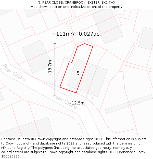 5, PEAR CLOSE, CRANBROOK, EXETER, EX5 7HX: Plot and title map