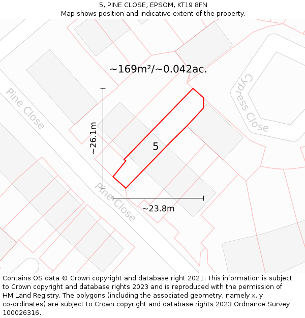 5, PINE CLOSE, EPSOM, KT19 8FN: Plot and title map