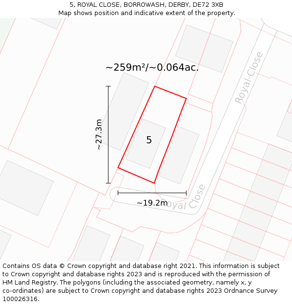 5, ROYAL CLOSE, BORROWASH, DERBY, DE72 3XB: Plot and title map