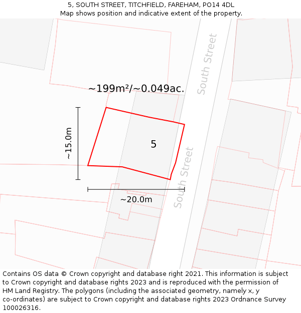 5, SOUTH STREET, TITCHFIELD, FAREHAM, PO14 4DL: Plot and title map