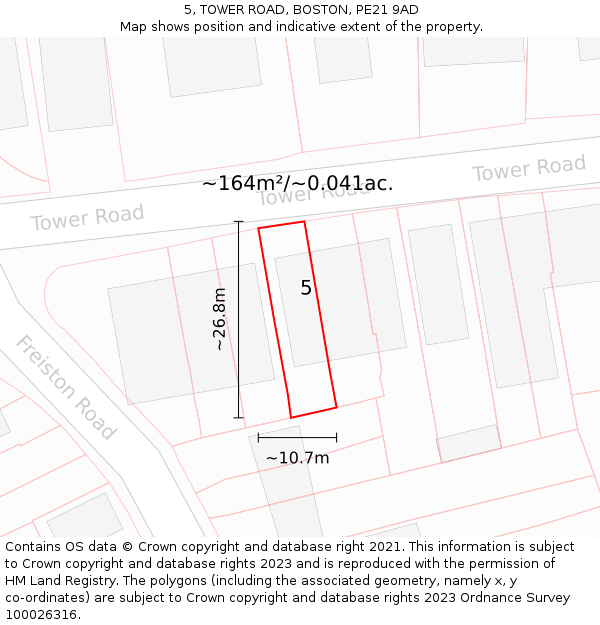 5, TOWER ROAD, BOSTON, PE21 9AD: Plot and title map