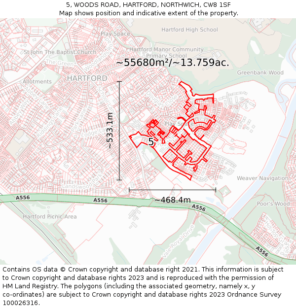5, WOODS ROAD, HARTFORD, NORTHWICH, CW8 1SF: Plot and title map