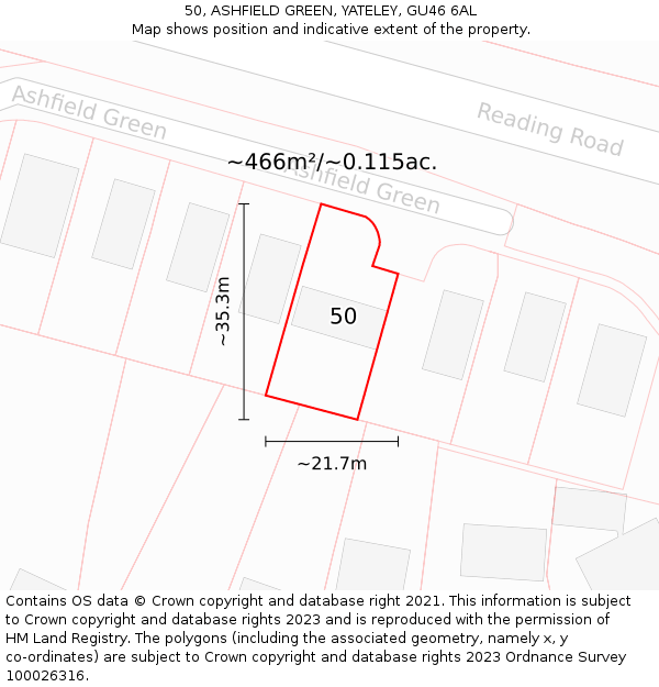 50, ASHFIELD GREEN, YATELEY, GU46 6AL: Plot and title map