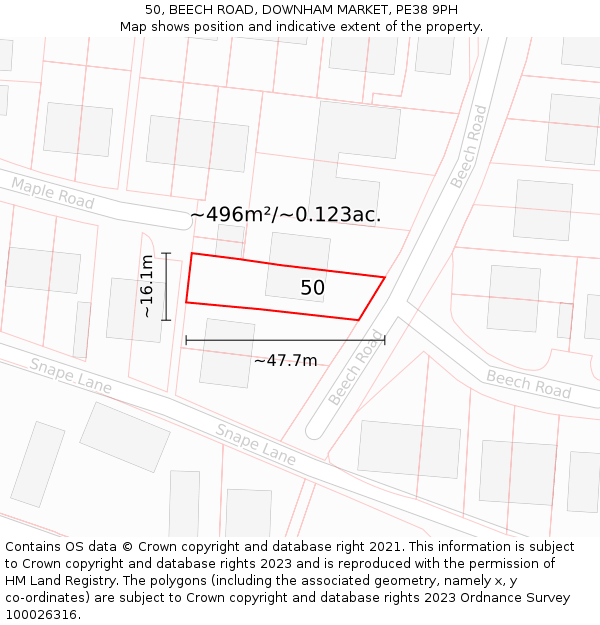 50, BEECH ROAD, DOWNHAM MARKET, PE38 9PH: Plot and title map
