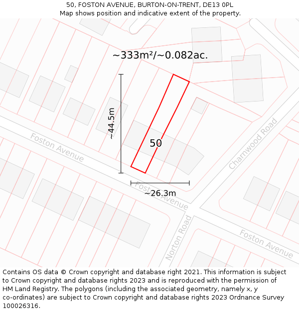 50, FOSTON AVENUE, BURTON-ON-TRENT, DE13 0PL: Plot and title map