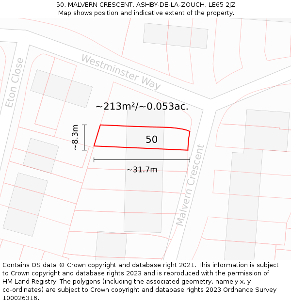 50, MALVERN CRESCENT, ASHBY-DE-LA-ZOUCH, LE65 2JZ: Plot and title map