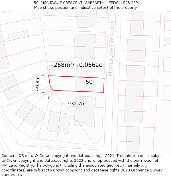 50, MONTAGUE CRESCENT, GARFORTH, LEEDS, LS25 2EP: Plot and title map