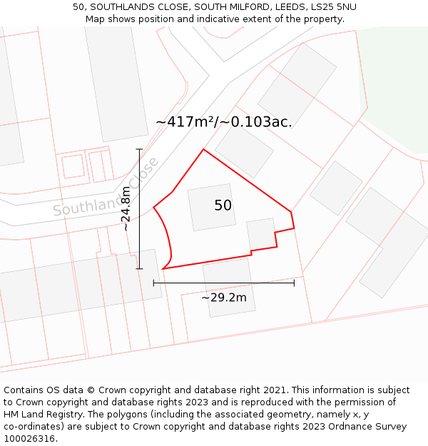 50, SOUTHLANDS CLOSE, SOUTH MILFORD, LEEDS, LS25 5NU: Plot and title map