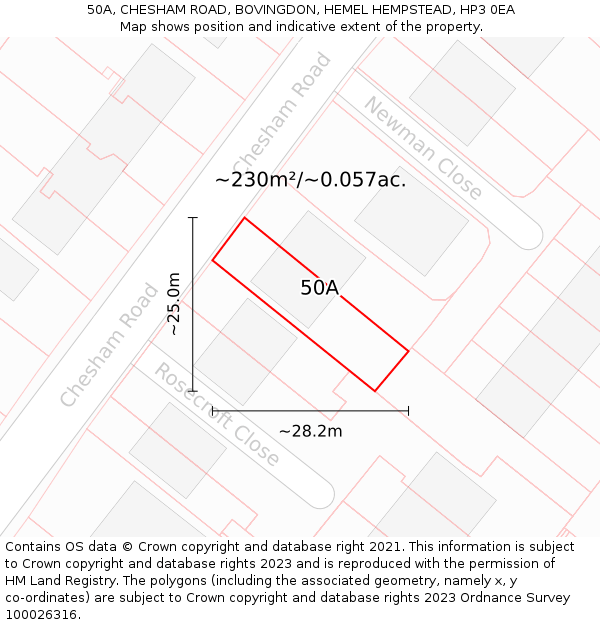 50A, CHESHAM ROAD, BOVINGDON, HEMEL HEMPSTEAD, HP3 0EA: Plot and title map