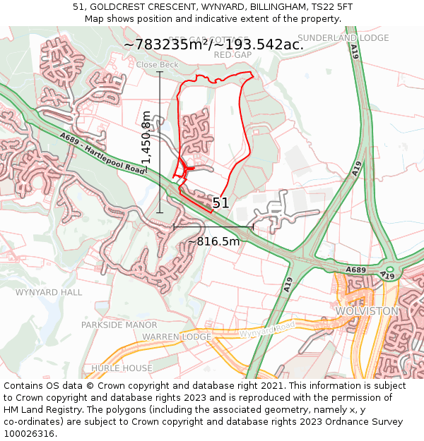 51, GOLDCREST CRESCENT, WYNYARD, BILLINGHAM, TS22 5FT: Plot and title map