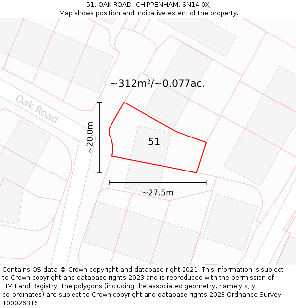 51, OAK ROAD, CHIPPENHAM, SN14 0XJ: Plot and title map