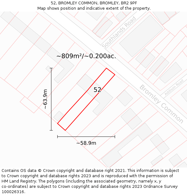 52, BROMLEY COMMON, BROMLEY, BR2 9PF: Plot and title map