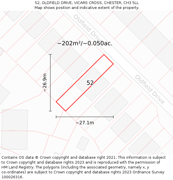 52, OLDFIELD DRIVE, VICARS CROSS, CHESTER, CH3 5LL: Plot and title map