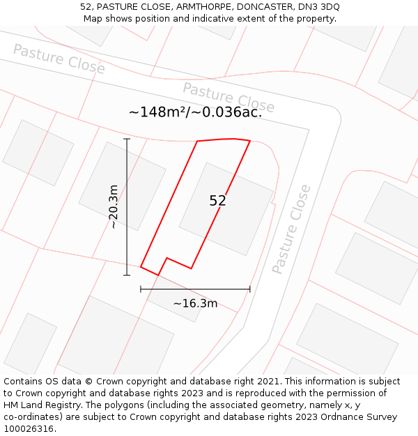 52, PASTURE CLOSE, ARMTHORPE, DONCASTER, DN3 3DQ: Plot and title map