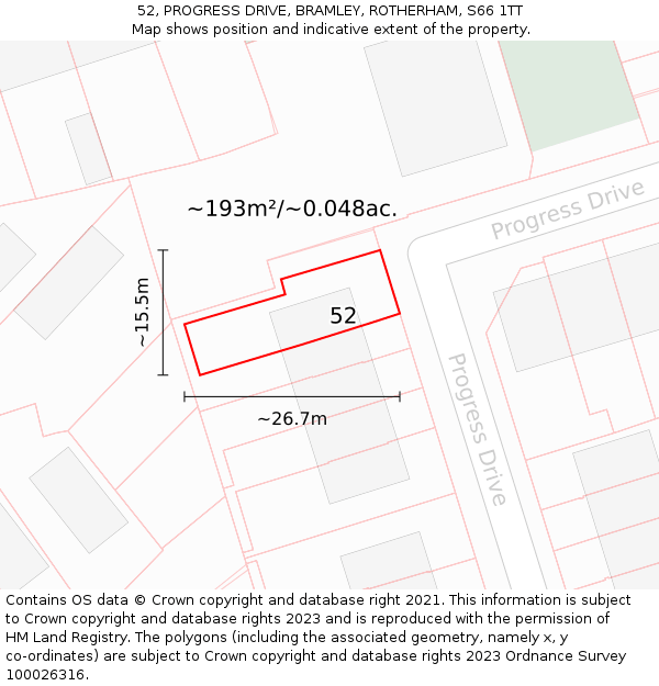 52, PROGRESS DRIVE, BRAMLEY, ROTHERHAM, S66 1TT: Plot and title map