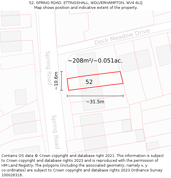 52, SPRING ROAD, ETTINGSHALL, WOLVERHAMPTON, WV4 6LQ: Plot and title map