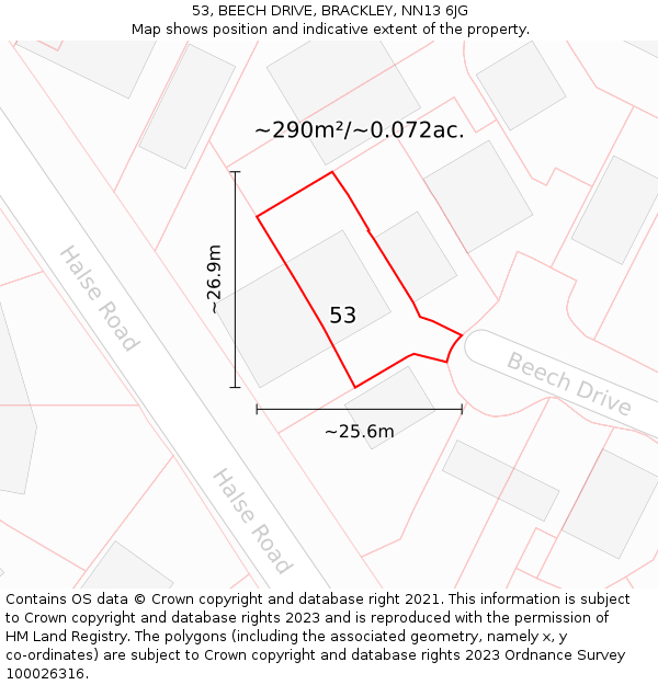 53, BEECH DRIVE, BRACKLEY, NN13 6JG: Plot and title map