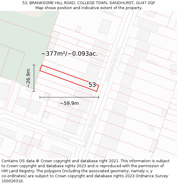 53, BRANKSOME HILL ROAD, COLLEGE TOWN, SANDHURST, GU47 0QF: Plot and title map