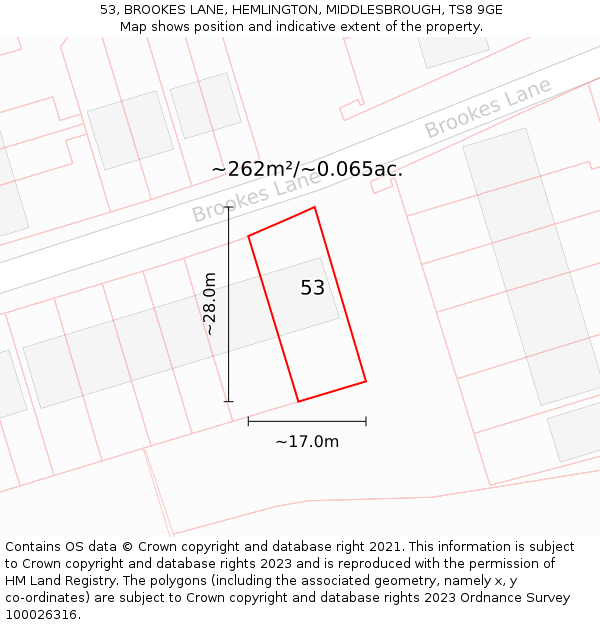 53, BROOKES LANE, HEMLINGTON, MIDDLESBROUGH, TS8 9GE: Plot and title map