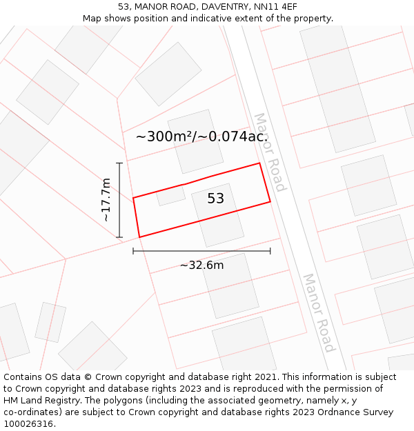 53, MANOR ROAD, DAVENTRY, NN11 4EF: Plot and title map