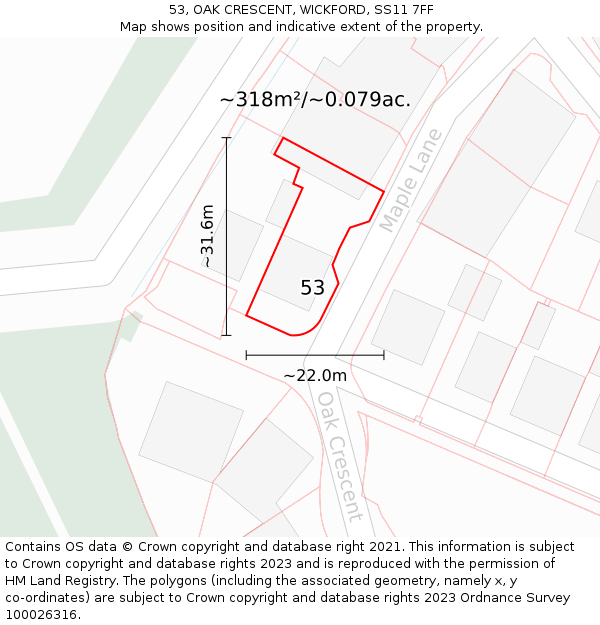 53, OAK CRESCENT, WICKFORD, SS11 7FF: Plot and title map