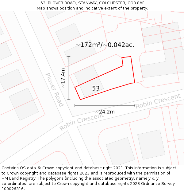 53, PLOVER ROAD, STANWAY, COLCHESTER, CO3 8AF: Plot and title map