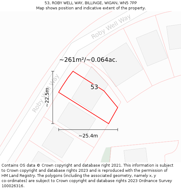 53, ROBY WELL WAY, BILLINGE, WIGAN, WN5 7PP: Plot and title map