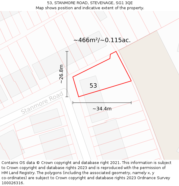 53, STANMORE ROAD, STEVENAGE, SG1 3QE: Plot and title map