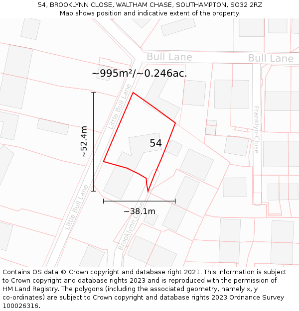 54, BROOKLYNN CLOSE, WALTHAM CHASE, SOUTHAMPTON, SO32 2RZ: Plot and title map
