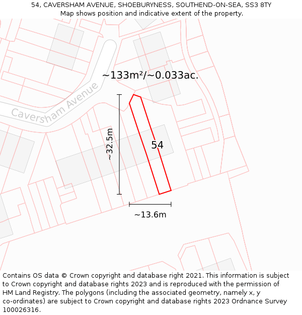 54, CAVERSHAM AVENUE, SHOEBURYNESS, SOUTHEND-ON-SEA, SS3 8TY: Plot and title map