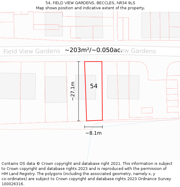 54, FIELD VIEW GARDENS, BECCLES, NR34 9LS: Plot and title map