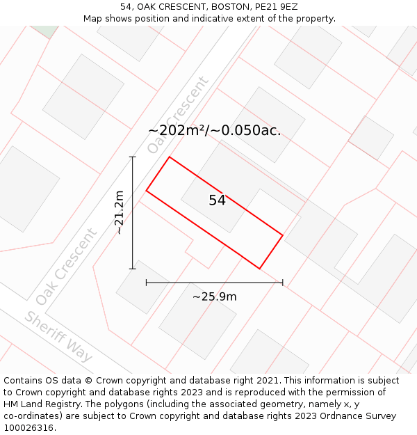 54, OAK CRESCENT, BOSTON, PE21 9EZ: Plot and title map