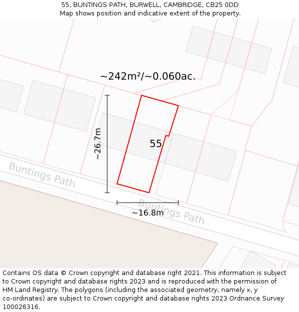 55, BUNTINGS PATH, BURWELL, CAMBRIDGE, CB25 0DD: Plot and title map