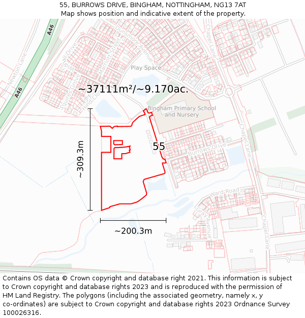 55, BURROWS DRIVE, BINGHAM, NOTTINGHAM, NG13 7AT: Plot and title map