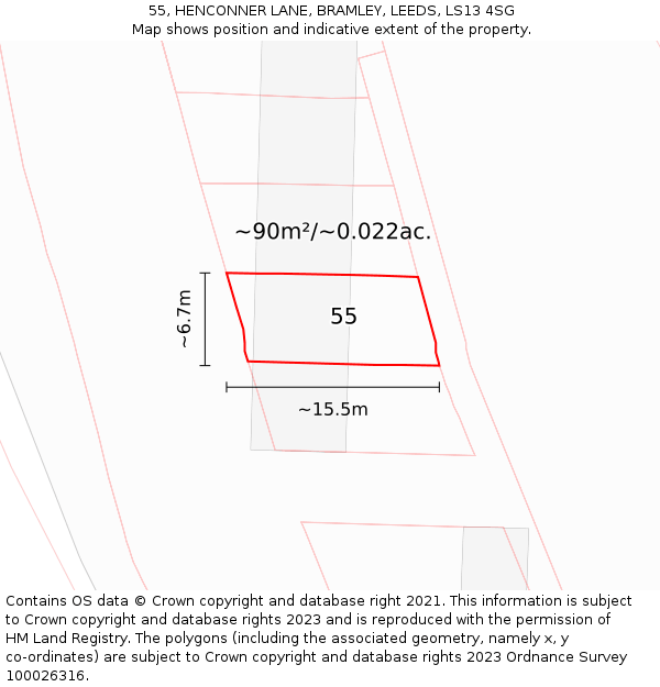 55, HENCONNER LANE, BRAMLEY, LEEDS, LS13 4SG: Plot and title map