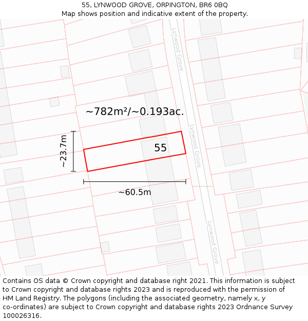 55, LYNWOOD GROVE, ORPINGTON, BR6 0BQ: Plot and title map