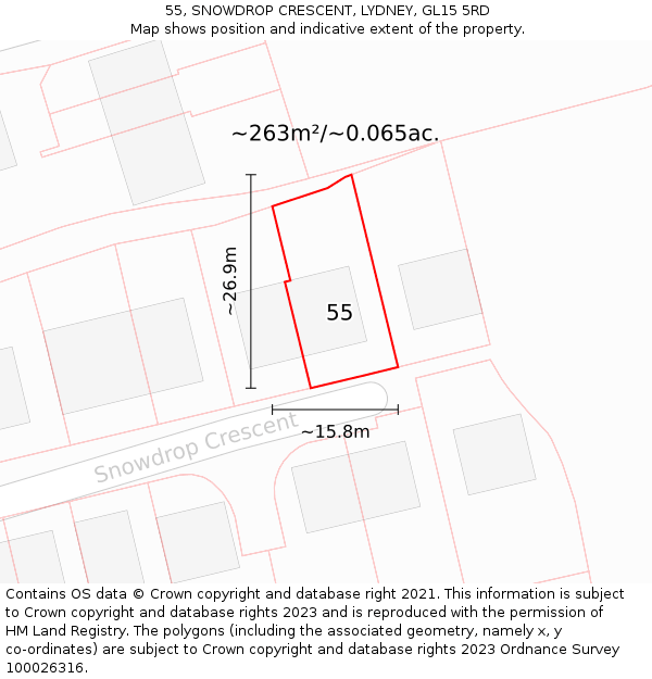 55, SNOWDROP CRESCENT, LYDNEY, GL15 5RD: Plot and title map