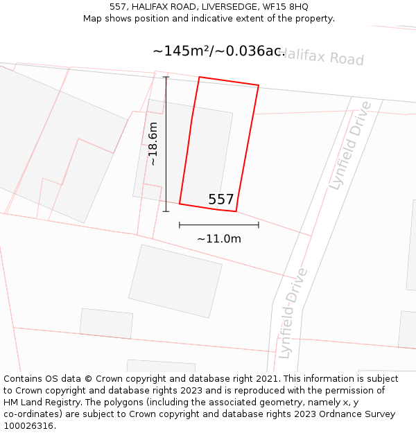 557, HALIFAX ROAD, LIVERSEDGE, WF15 8HQ: Plot and title map