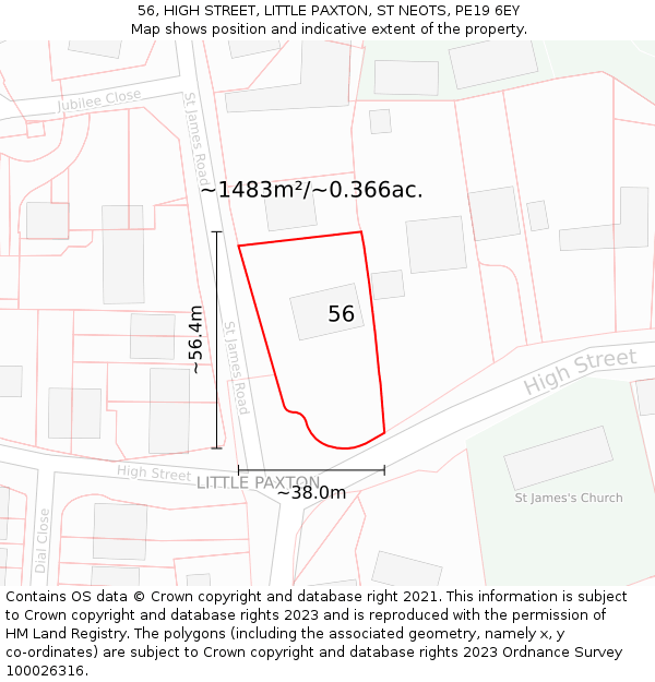 56, HIGH STREET, LITTLE PAXTON, ST NEOTS, PE19 6EY: Plot and title map