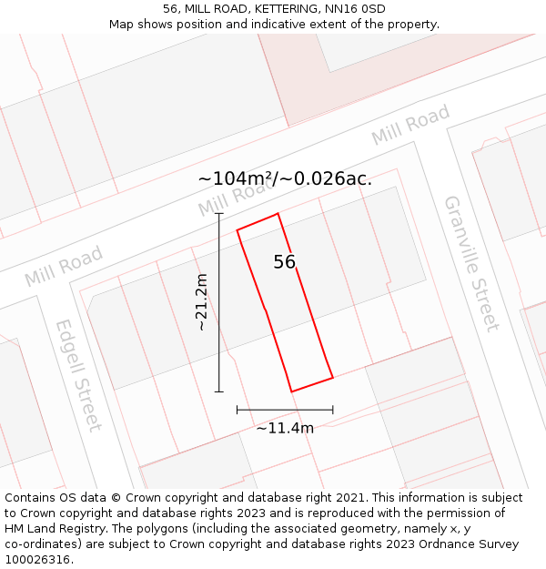 56, MILL ROAD, KETTERING, NN16 0SD: Plot and title map