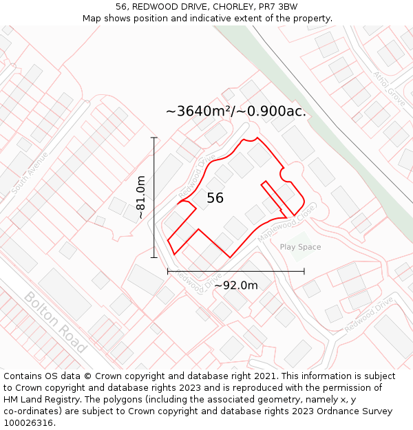 56, REDWOOD DRIVE, CHORLEY, PR7 3BW: Plot and title map