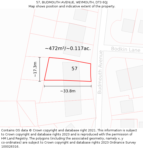 57, BUDMOUTH AVENUE, WEYMOUTH, DT3 6QJ: Plot and title map
