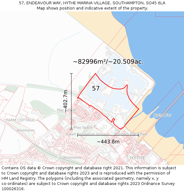 57, ENDEAVOUR WAY, HYTHE MARINA VILLAGE, SOUTHAMPTON, SO45 6LA: Plot and title map