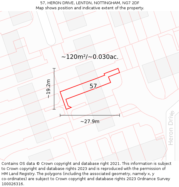 57, HERON DRIVE, LENTON, NOTTINGHAM, NG7 2DF: Plot and title map
