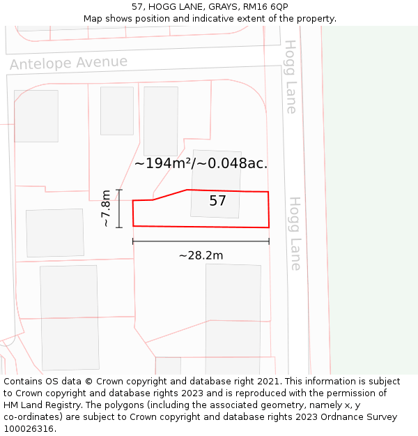 57, HOGG LANE, GRAYS, RM16 6QP: Plot and title map