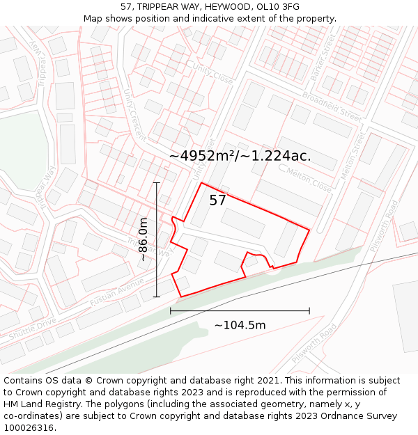 57, TRIPPEAR WAY, HEYWOOD, OL10 3FG: Plot and title map