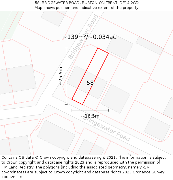 58, BRIDGEWATER ROAD, BURTON-ON-TRENT, DE14 2GD: Plot and title map