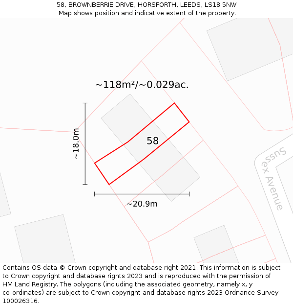 58, BROWNBERRIE DRIVE, HORSFORTH, LEEDS, LS18 5NW: Plot and title map
