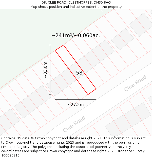 58, CLEE ROAD, CLEETHORPES, DN35 8AG: Plot and title map