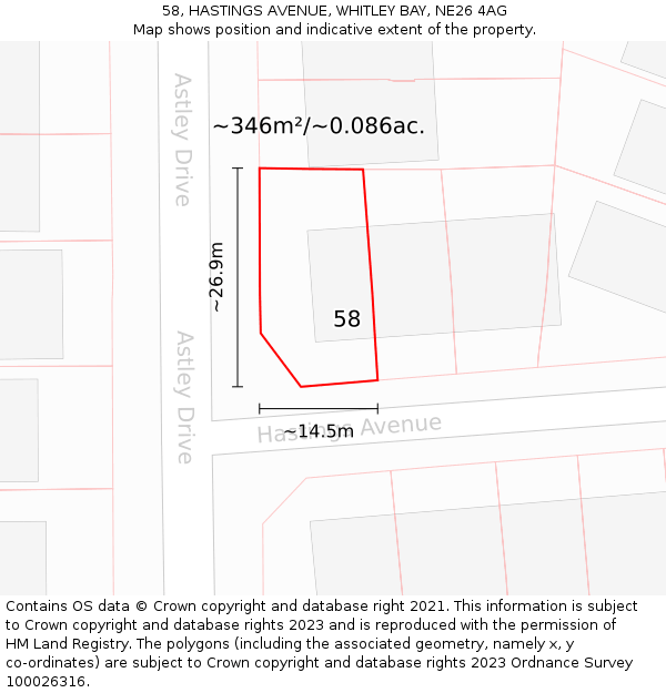 58, HASTINGS AVENUE, WHITLEY BAY, NE26 4AG: Plot and title map